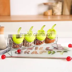 Set 4 Cheap Clear 6oz Glass Spice Jars With Decorative Lid in Metal Rack thumbnail-1