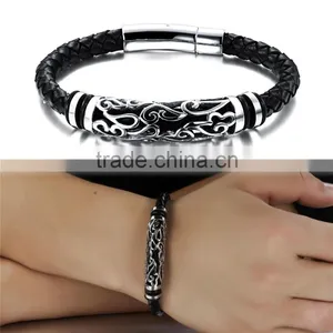 Fashion Mens Jewelry Customrized Logo Stainless Steel Beads Leather Bracelet thumbnail-4