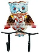 IRON PAINTED OWL HANGER 2 HOOK RED & BLUE thumbnail-1