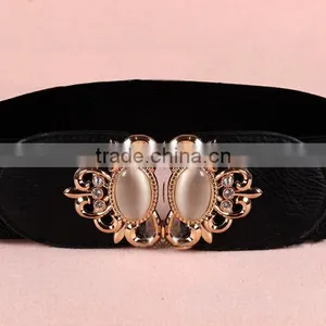 Wholesale Opal Stone Inlaid Flower Pattern Alloy Buckle Sex Women Lady Wide PU Waist Belt thumbnail-2