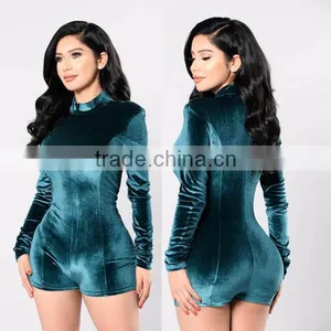 Women Velvet Romper Long Sleeve 95% Polyester 5% Spandex Stretch Velvet Designer Suits Designs Short Jumpsuit For Women thumbnail-1