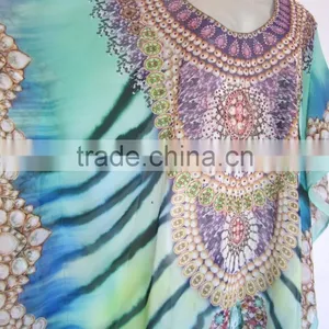 Printed Digital Crystal Embellished Lace up Kaftan CAFTAN Tunic Poncho Blouse thumbnail-2
