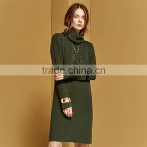 2017 Fashion Design Ladies Green Color Turtleneck Sweater Dress thumbnail-1
