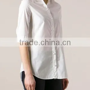 White Cropped Sleeve Design Cotton Office Lady Shirt thumbnail-1