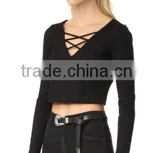 OEM Seriver Women T Shirt Black Soild Color Cotton Jesery V Necklace T Shirt thumbnail-2