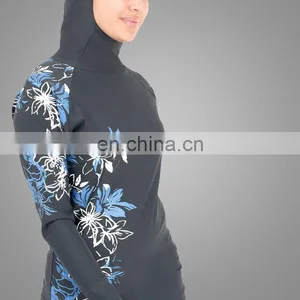 Latest Fashion Muslim Swimwear Two Pieces Women Lycra Material Floral Printed Navy Swimsuits With Hat Full Cover Swimsuit thumbnail-4
