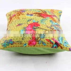 Indian Cotton Handmade Yellow Paisley Decorative Kantha Quilted Cotton Throw Pillow Cover Hand Stitched Kantha Cushion Cover thumbnail-3
