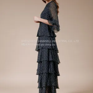 Ladies' 100%silk Chiffon Short Sleeve Ruffler Edge Print Dress thumbnail-2