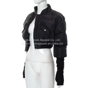 Womens CROPPED QUILTED PUFFER JACKET Thumb Hole Long Sleeve Sexy Casual Zip Up Winter Padding Short Bomber Coat thumbnail-2