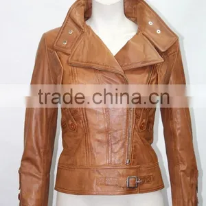 Ladies Short Tan 4110 Fitted Waist Length Soft Napa Lambskin Real Leather Jacket thumbnail-1