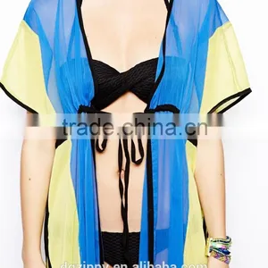 Self-tie Color Block Beach Kaftan Dress Long Chiffon Kaftan thumbnail-4