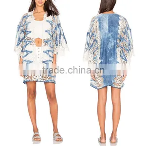 Stylish Trench New Design Boho Wite Blue Lace Kimono Woman Overcoat thumbnail-1