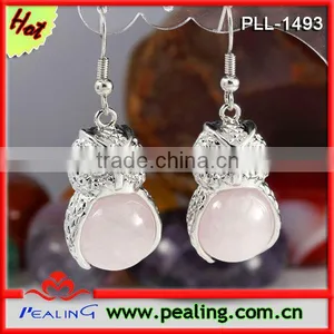 Charm Silver Plated Rose Quartz Stone Crystal Round Beads Owl Shape Dangle Crystal Earrings For Women thumbnail-1