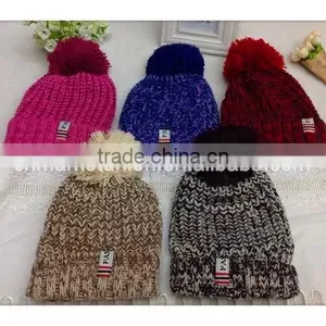100% Acrylic Kids Size Knitted Hat With Fashion Sticker and Top Ball thumbnail-1