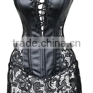 Hot Sale Women's Steampunk Gothic Faux Leather Bustier Corset With Lace Skirt thumbnail-1