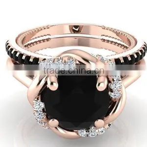 Charm Fashion Flower Design Sterling Silver Jewelry Black Diamond Rose Gold Ring Set thumbnail-1
