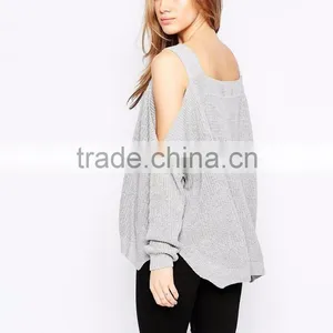Sweater With Cold Shoulder And Side Splits For Women Light Weight Ladies Custom Gray Knitted Sweaters Loose thumbnail-2