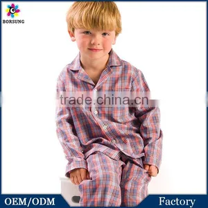 OEM Factory 2015 Long Sleeve Organic Kids Pajamas, Boys Botton Plaid 2 Pieces Children 100% Cotton Pyjamas thumbnail-1