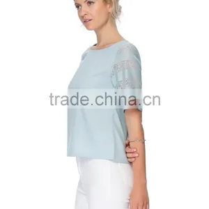 Lace Sleeve Woven Womens Tee Shirts thumbnail-2