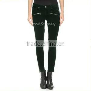 Hot Women Green Skinny Pants Zip Detail Stretch Corduroy Trousers P0043 thumbnail-1