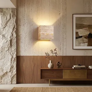 Rectangle & Cube Handcrafted Yellow Travertine Stone Wall Sconce Light thumbnail-5