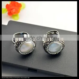 LFD-0011R ~ Charm Jewelry Rhodium Plated 23mm Natural Pearl Rings, Crystal Rhinestone Paved Druzy Pearl Finger Ring thumbnail-4