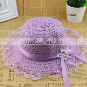 Cute Summer Child Girls Straw,Floppy Flower Beach Hat With Lace Embellishment thumbnail-5