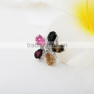 Beautiful Flower Colorful Pear Ring . Silver Rings for Woman. Sterling Silver Jewelry Ring in Rings With Tourmaline thumbnail-3