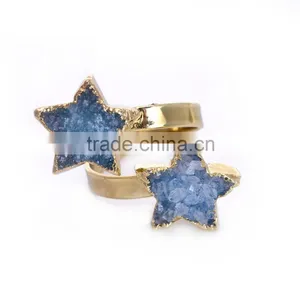 50pcs Natural Raw Stone Ring Five-star Points Dual Stone Ring Gold Double Ring Pewter Adjustable Ring thumbnail-1