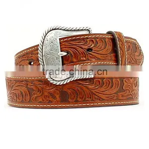 Western Men's Fancy Silver-tone Buckle Floral Embossed Leather Belt thumbnail-1