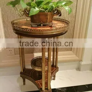 Handmade Marquetry Round Side Table, Luxury Brass Inlaid Natural Wood Coffee Table Vintage Style Castle Living Room Furniture thumbnail-1