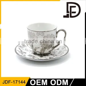 Silver Line Fine Ceramic Tea Cup Set / Porcelain Vintage Cup and Saucer With Gold Decal thumbnail-1