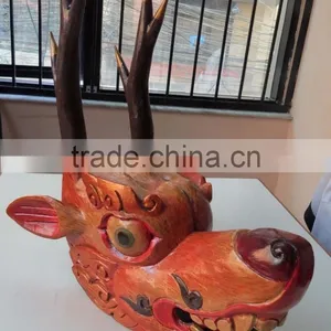 Hand Crafted Wooden Mask of Animal Wall Hanging Made In Nepal thumbnail-1