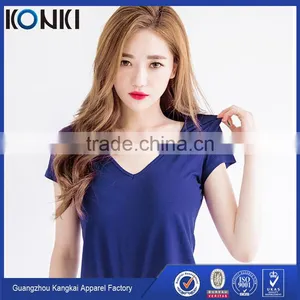 Lady's v Neck Curved Hem Cotton Tee Shirt Blue Color Customized Bulk Wholesale Printing Tee Shirt thumbnail-1