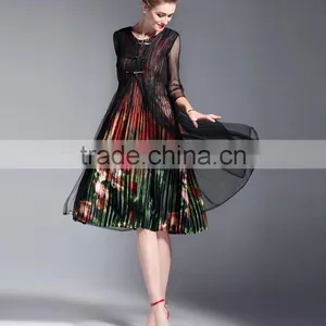 Grace Flower Printed False Two Pieces Draped Retro Vintage Dress for Lady thumbnail-4