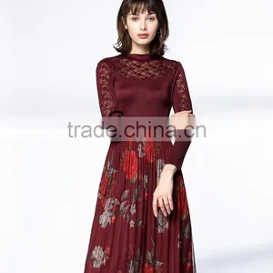 Pleat Large Sized Spring Lace Splicing Printed Dress for Women thumbnail-6