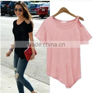 New Solid Camisetas Summer Cotton T-shirts Fashion Tops 2016 Punk Rock Tee Shirt Femme Off the Shoulder Strap T Shirt Women thumbnail-1