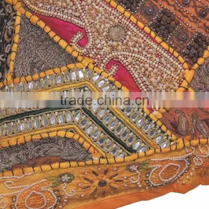 Yellow Decorative Large Euro Pillow Sham - Beaded Indian Patchwork Accent Cushion Cover ~ 26 Inch thumbnail-3