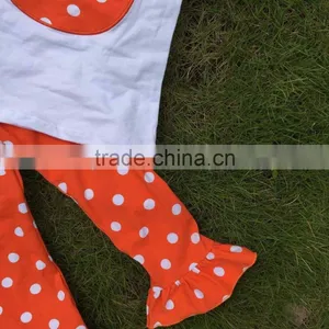 Short Sleeves Halloween Girls Pumpkin Print Pant Ruffle Kids Boutique Outfits Girls Suit With Matching Necklace and Headband thumbnail-2