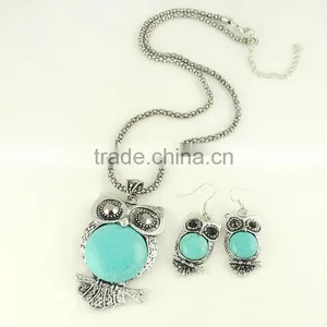 Antique Owl Pendant Silver Plated Turquoise Dangle Earrings Chain Necklace Set thumbnail-3