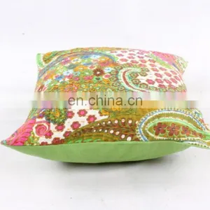 Indian Cotton Handmade Floral Kantha Cushion Cover Kantha Throw Pillow Cover Hand Stitched Kantha Cushion Cover thumbnail-3