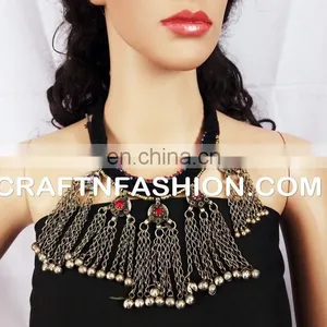Antique Ethnic Beaded Old Coin Necklace - Designer Heavy Banjara Kuchi Beaded Necklace 1960s Vintage Tribal Gypsy Necklace thumbnail-2