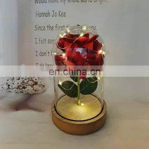 Red Rose And Copper Wire String Light In Flower Glass Dome Cover With Wood Base For Valentine's Day Wedding Decoration thumbnail-2