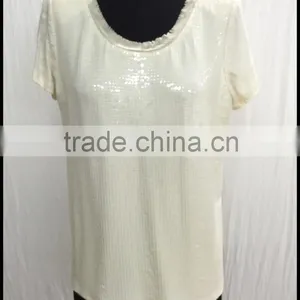 European Fashion Style Round Collar Short Sleeve Sequined White Blouse thumbnail-5