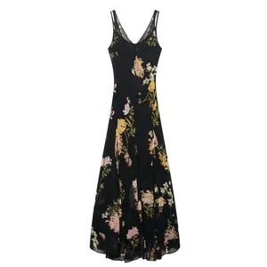 2025 Summer New Women's Suspender Temperament Printed Sleeveless V-neck Long Dress thumbnail-5