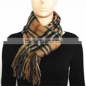 Camel Yarn Dyed Checked Double Faced Plain Wool Scarf With Fringe thumbnail-1
