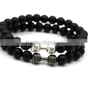 Wholesale Alloy Metal Barbell Matte Black Stone Beads Fitness Fashion Dumbbell Bracelets thumbnail-5