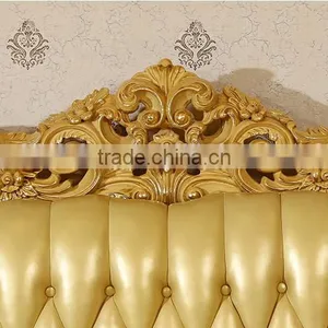 European Style Golden Color Wooden Hand Carved Living Room Leather Sofa Furniture Set(MOQ=1 SET) thumbnail-3