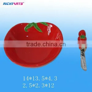 Hand Made Ceramic Plates With Spreader Knife in Tomato Shape thumbnail-1