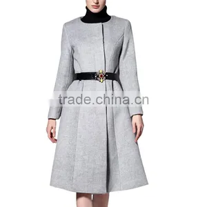 Cheap Wholesale Autumn Winter Heavy Wool Coat Elegant Ladies O-Neck A-Line Medium-Long Woolen Trench Outerwear Female Jackets thumbnail-1